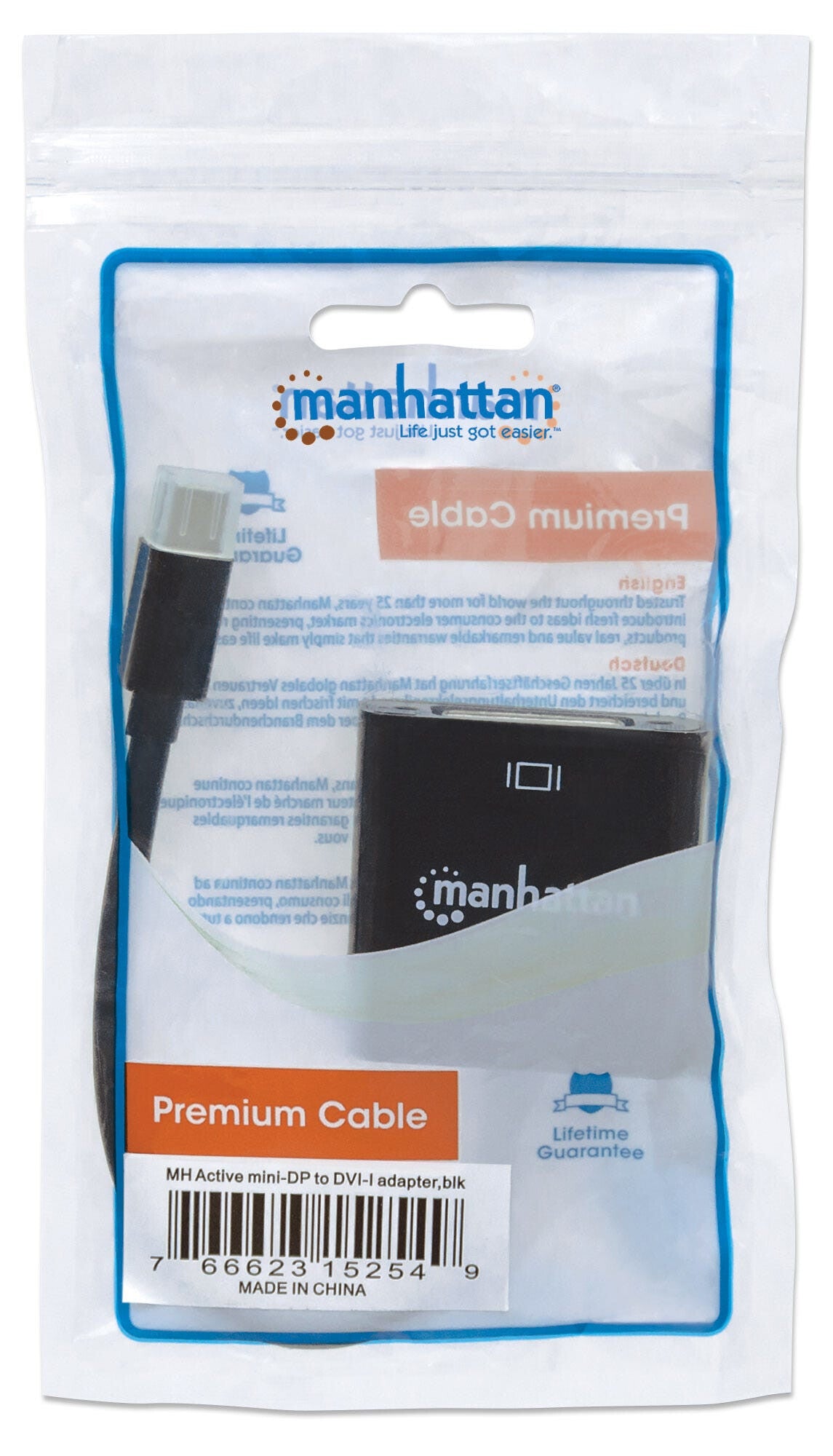 Manhattan Active Mini DisplayPort 1.2a to DVI-I Adapter, 4K@30Hz, 19.5cm, Male to Female, DVI-I Dual-Link Socket, Compatible with DVI-D, Black, Three Year Warranty