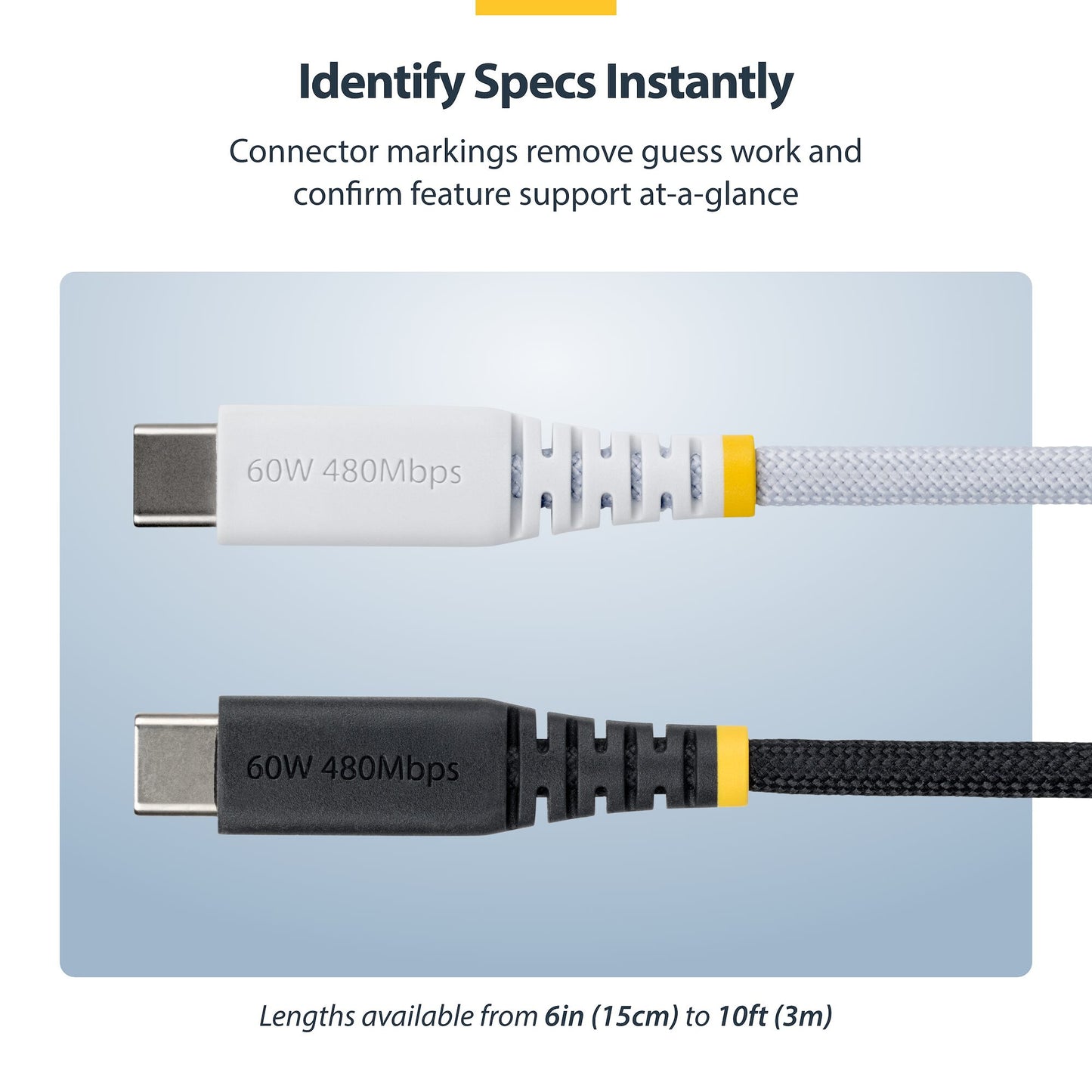 StarTech.com 30cm (1ft) White USB-C Charging Cable, 60W (3A) PD, Dual-Layer Braided Nylon/TPE Jacket, Rugged USB C Charging Cord, USB 2.0 Laptop Charger Cable