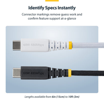 StarTech.com 30cm (1ft) White USB-C Charging Cable, 60W (3A) PD, Dual-Layer Braided Nylon/TPE Jacket, Rugged USB C Charging Cord, USB 2.0 Laptop Charger Cable