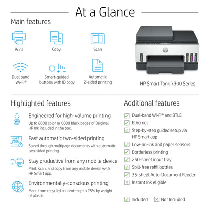 HP Smart Tank 7308 Wireless All-in-One Color Printer, Up to 2 Years of ink included; Two-sided printing; Copier, Scanner