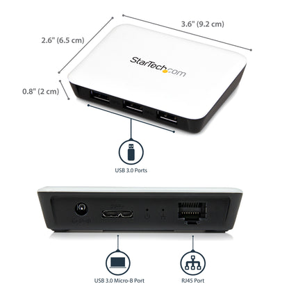 StarTech.com USB 3.0 to Gigabit Ethernet NIC Network Adapter with 3 Port Hub - White