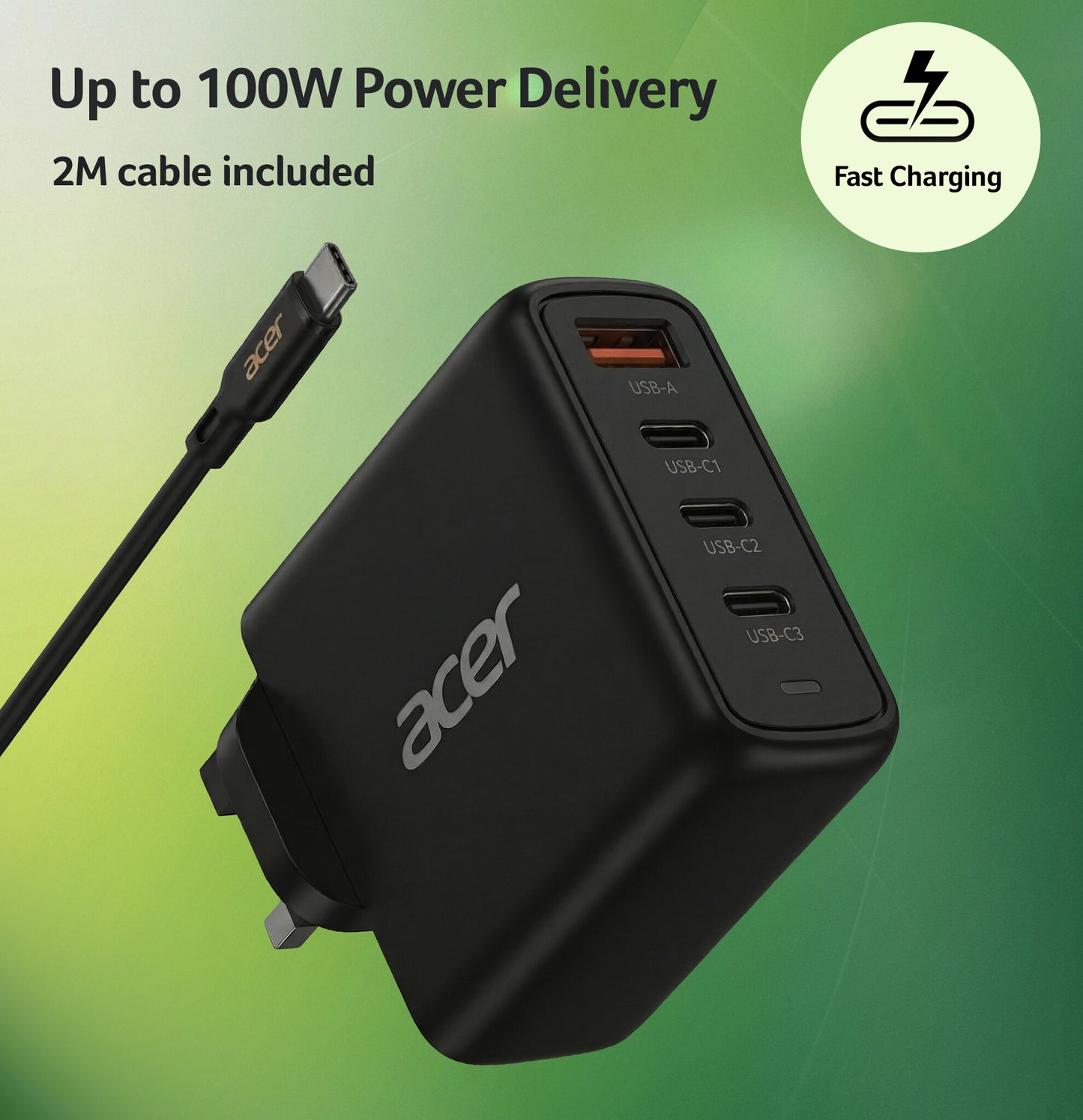 Acer 100W PD Charger, USB Port: 3C+1A, UK Plug, 100W USB-C Cable, Black