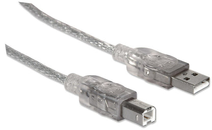 Manhattan USB-A to USB-B Cable, 3m, USB 2.0, 480 Mbps, Hi-Speed USB, Translucent Silver, Lifetime Warranty, Equivalent to USB2HAB10T