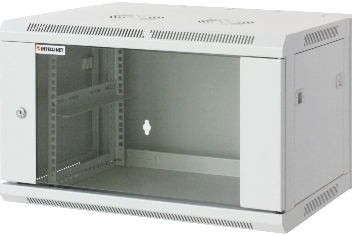 Intellinet Network Cabinet, Wall Mount (Standard), 12U, Usable Depth 350mm/Width 540mm, Grey, Assembled, Max 60kg, Metal & Glass Door, Back Panel, Removeable Sides,Suitable also for use on desk or floor, 19",Parts for wall install (eg screws/rawl plugs) n