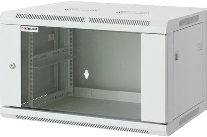 Intellinet Network Cabinet, Wall Mount (Standard), 6U, Usable Depth 500mm/Width 540mm, Grey, Assembled, Max 60kg, Metal & Glass Door, Back Panel, Removeable Sides, Suitable also for use on desk or floor, 19",Parts for wall install (eg screws/rawl plugs) n