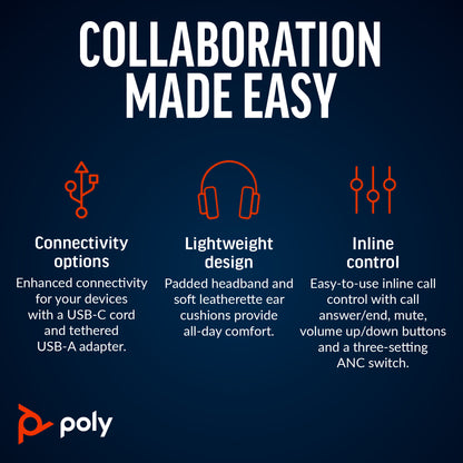 Poly Blackwire 8225 Stereo USB-C Headset +USB-C/A Adapter
