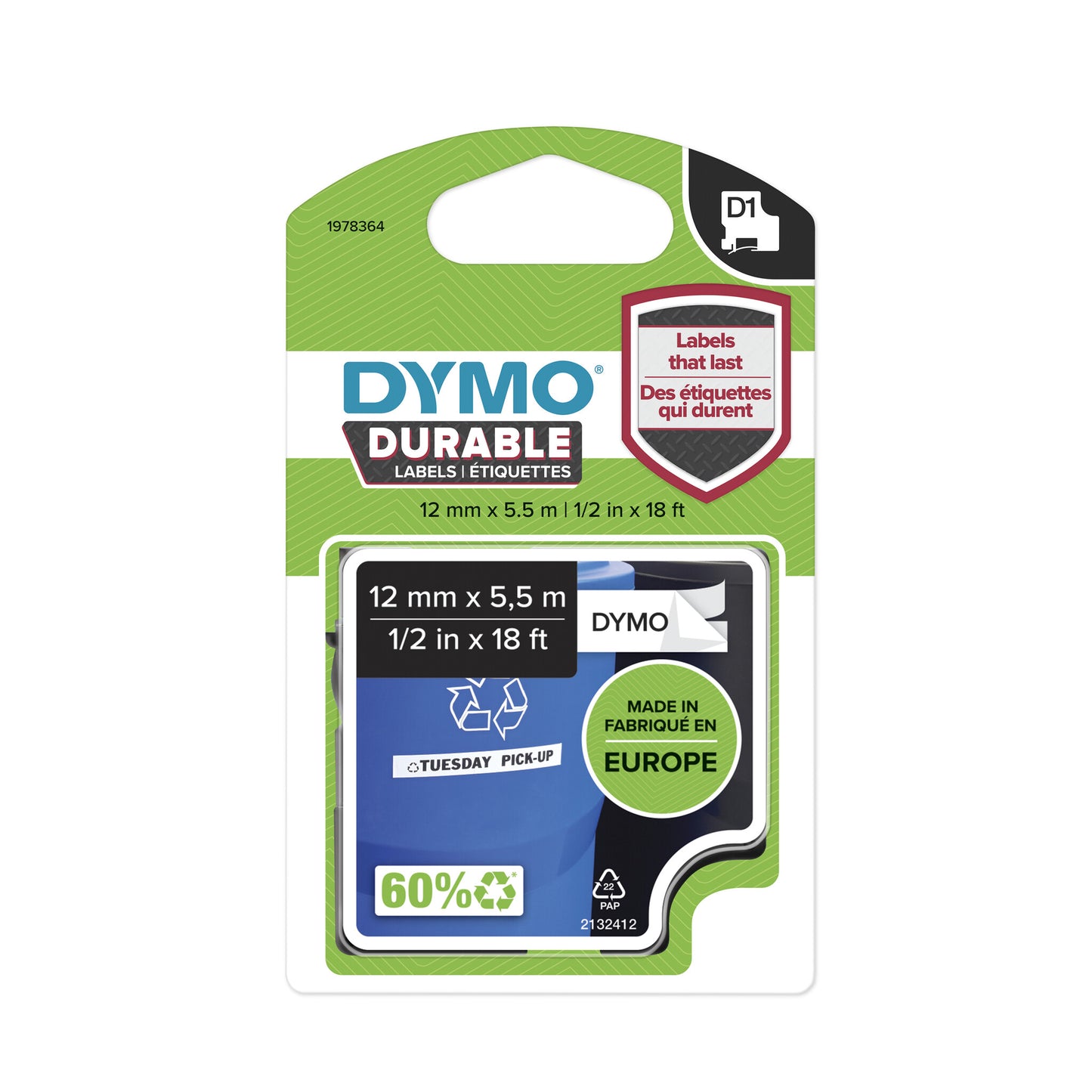 DYMO Authentic D1 Durable Labels | Black Print on White Tape | 12 mm x 5.5 m | High-Performance Label Tape for LabelManager Label Makers