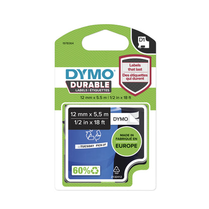 DYMO Authentic D1 Durable Labels | Black Print on White Tape | 12 mm x 5.5 m | High-Performance Label Tape for LabelManager Label Makers