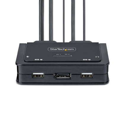 StarTech.com 2-Port USB-C Cable KVM Switch, 4K 60Hz DisplayPort Output, Compact KVM with 4ft/1.2m USB Type-C/Audio Integrated Cables, Bus Powered - Remote Push-Button/Hotkey Switching