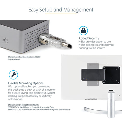 StarTech.com USB C Dock - 4K 60Hz Quad Monitor DisplayPort & HDMI - Universal USB-C Docking Station with 100W Power Delivery - USB Hub with 1x USB Type-C & 3x USB-A, Ethernet, Audio