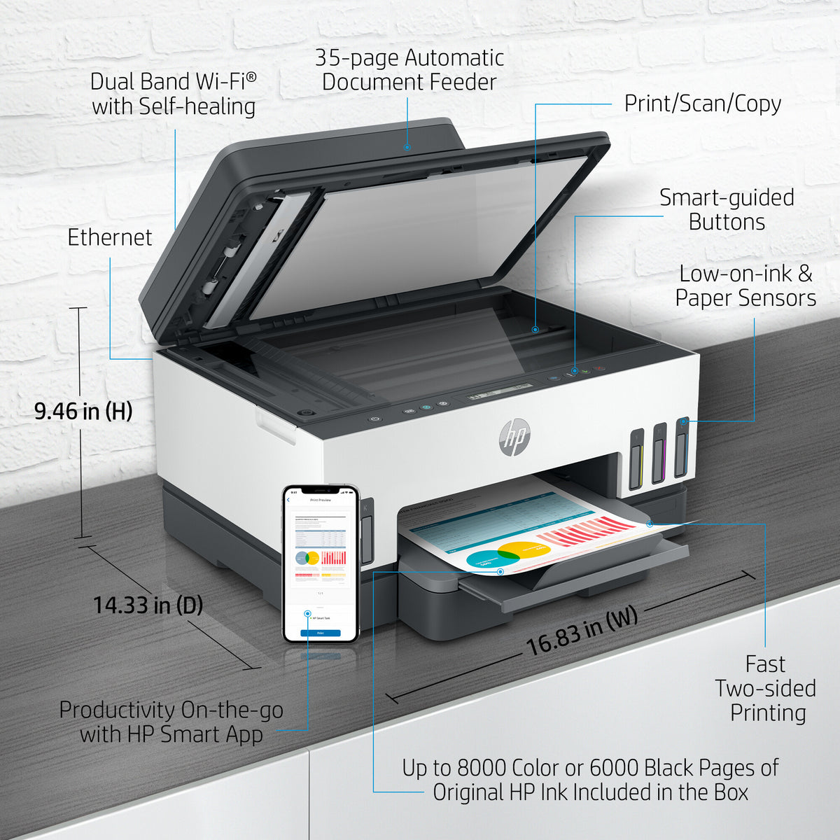 HP Smart Tank 7308 Wireless All-in-One Color Printer, Up to 2 Years of ink included; Two-sided printing; Copier, Scanner