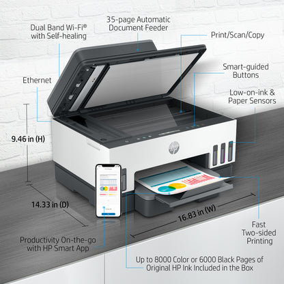 HP Smart Tank 7308 Wireless All-in-One Color Printer, Up to 2 Years of ink included; Two-sided printing; Copier, Scanner