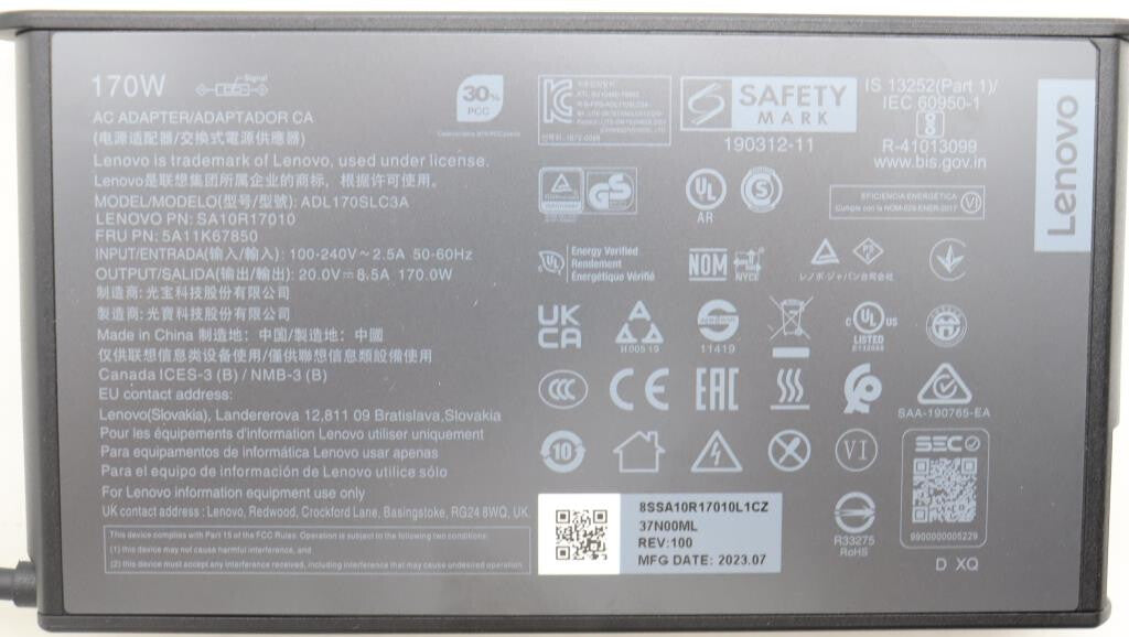 Lenovo 5A11K67850 power adapter/inverter Indoor 170 W Black