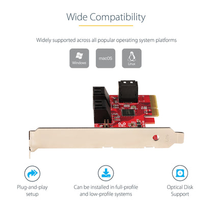 StarTech.com SATA PCIe Card - 6 Port PCIe SATA Expansion Card - 6Gbps - Low/Full Profile - Stacked SATA Connectors - ASM1166 Non-Raid - PCI Express to SATA Converter - TAA