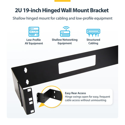 StarTech.com 2U Hinged Wall Mount Patch Panel Bracket - 6 inch Deep - 19" Patch Panel Swing Rack for Shallow Network Equipment- 22lbs