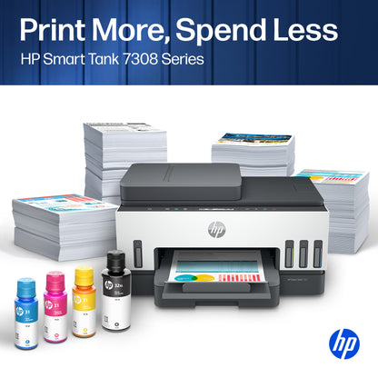 HP Smart Tank 7308 Wireless All-in-One Color Printer, Up to 2 Years of ink included; Two-sided printing; Copier, Scanner