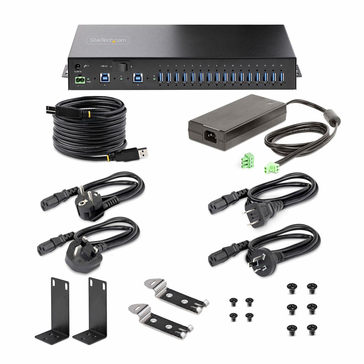 StarTech.com 16-Port Industrial USB 5Gbps Hub with Power Adapter, Metal Enclosure, Mountable, ESD Protection, Terminal Block Power, USB Charging, Dual-Host Switch - TAA