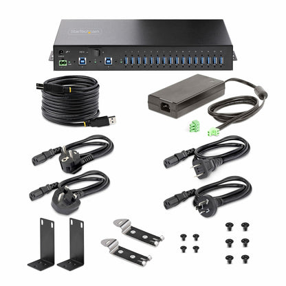 StarTech.com 16-Port Industrial USB 5Gbps Hub with Power Adapter, Metal Enclosure, Mountable, ESD Protection, Terminal Block Power, USB Charging, Dual-Host Switch - TAA
