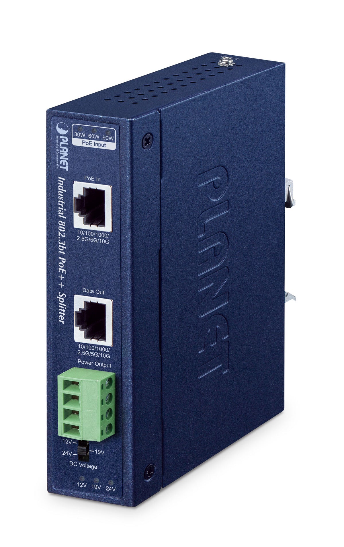 PLANET IP30 Industrial Single-Port 10Gbps 802.3bt PoE++ Splitter network splitter Power over Ethernet (PoE) Blue