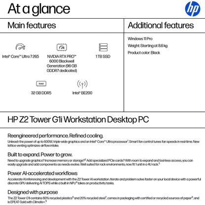 HP Z2 Tower G1i Intel Core Ultra 7 265 32 GB DDR5-SDRAM 1 TB SSD Windows 11 Pro Workstation AI Workstation, AI PC Black