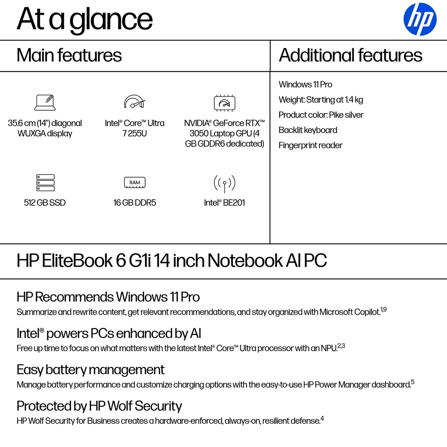 HP EliteBook 6 G1i AI Intel Core Ultra 7 255U Laptop 35.6 cm (14") WUXGA 16 GB DDR5-SDRAM 512 GB SSD Wi-Fi 7 (802.11be) Windows 11 Pro AI PC Silver