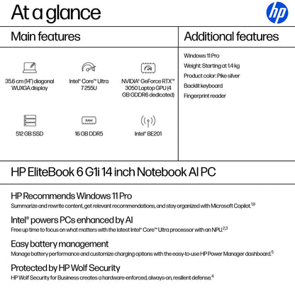 HP EliteBook 6 G1i AI Intel Core Ultra 7 255U Laptop 35.6 cm (14") WUXGA 16 GB DDR5-SDRAM 512 GB SSD Wi-Fi 7 (802.11be) Windows 11 Pro AI PC Silver