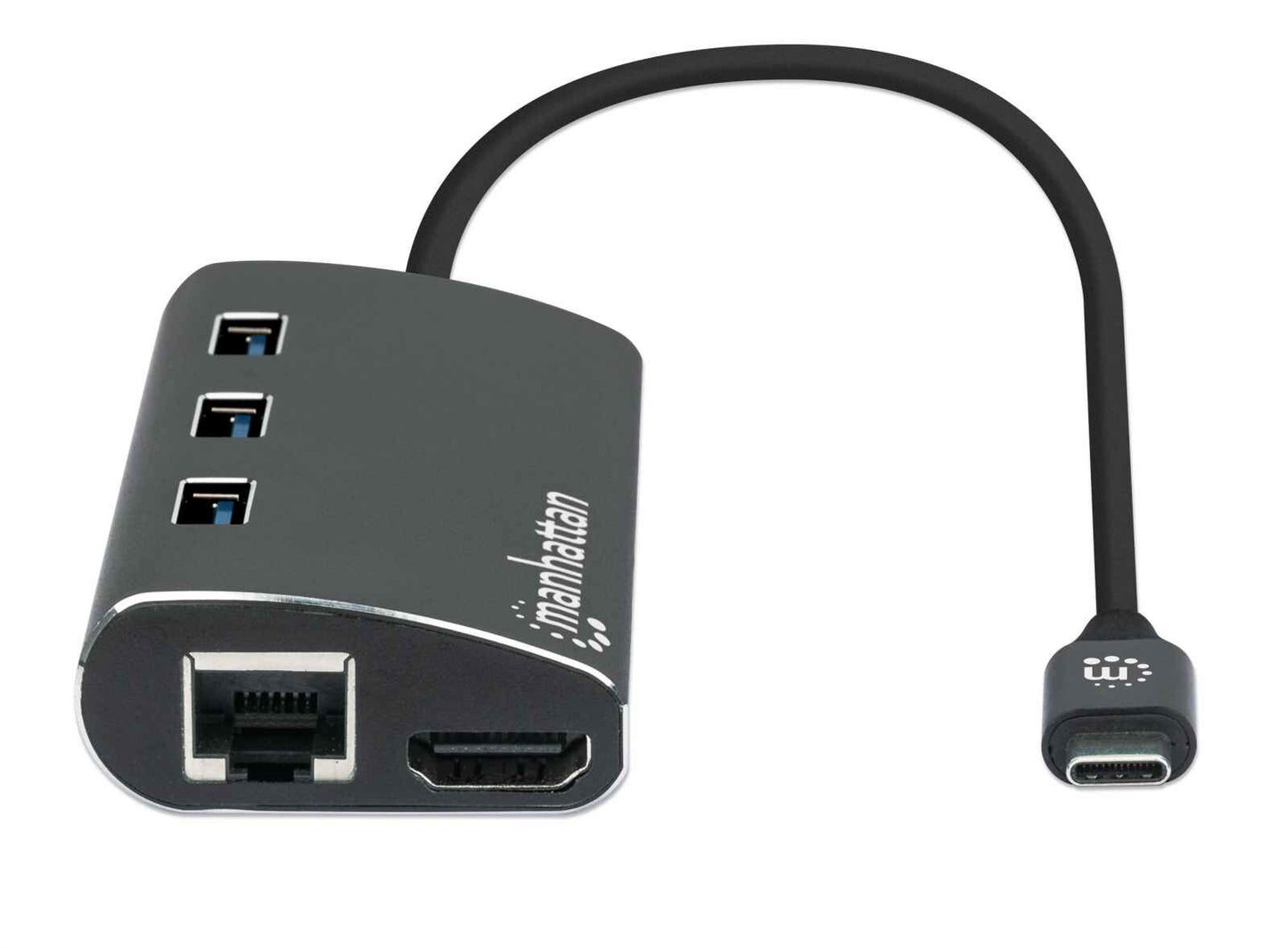 Manhattan USB-C Dock/Hub with Card Reader, Ports (x6): Ethernet, HDMI, USB-A (x3) and USB-C, With Power Delivery (100W) to USB-C Port (Note additional USB-C wall charger and USB-C cable needed), Equivalent to DKT30CSDHPD3, Aluminium, Black, 3 Year Warrant