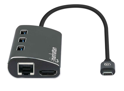 Manhattan USB-C Dock/Hub with Card Reader, Ports (x6): Ethernet, HDMI, USB-A (x3) and USB-C, With Power Delivery (100W) to USB-C Port (Note additional USB-C wall charger and USB-C cable needed), Equivalent to DKT30CSDHPD3, Aluminium, Black, 3 Year Warrant