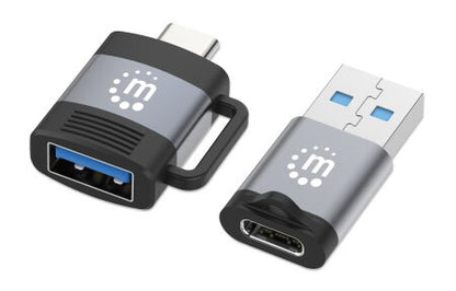 Manhattan 2-Piece USB-C/USB-A Adapter Set, USB 3.0 (aka USB 3.2 Gen 1), 5 Gbps, SuperSpeed USB, USB-C Male to USB-A Female and USB-C Female to USB-A Male, Black/Silver, Lifetime Warranty