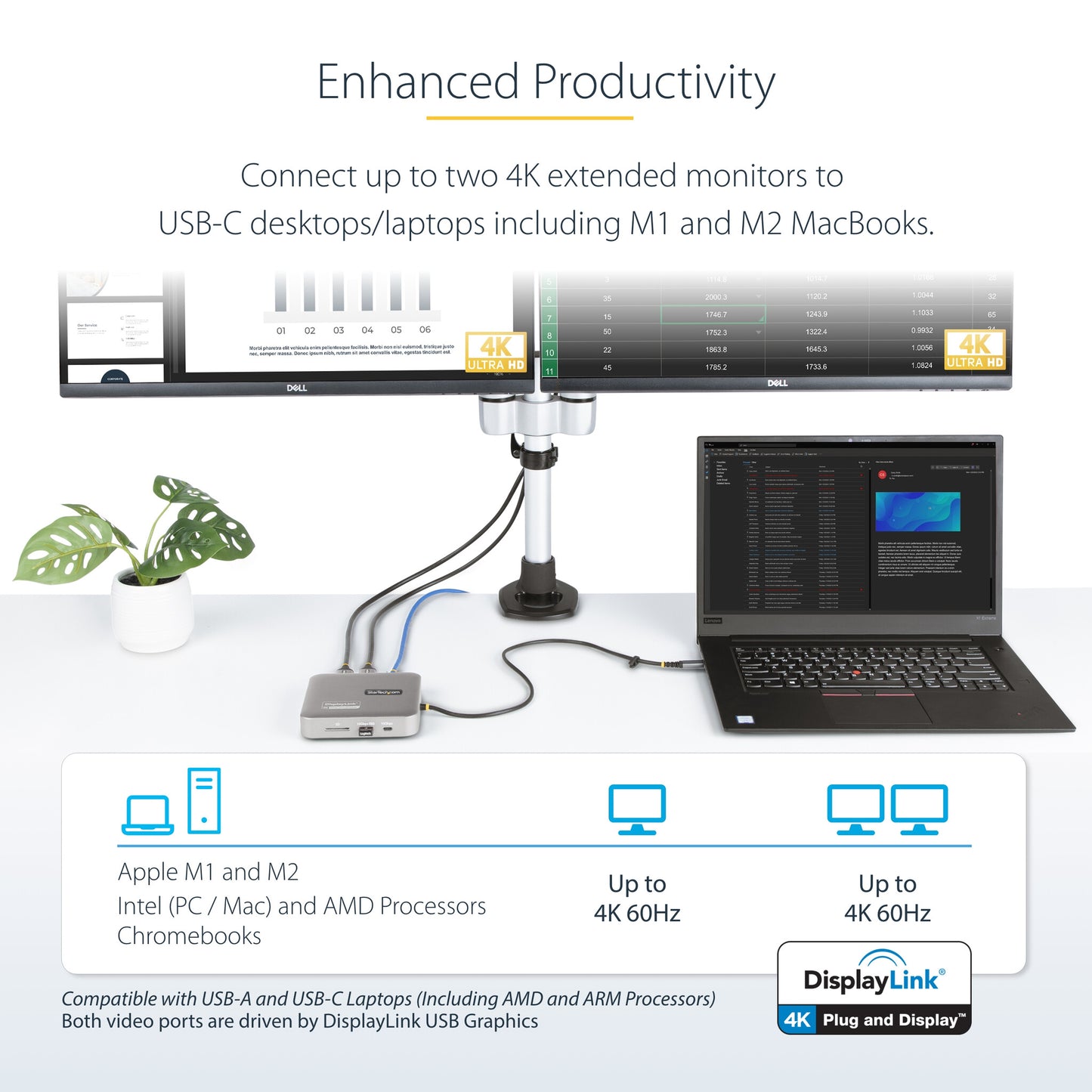 StarTech.com USB C Docking Station, Dual 4K 60Hz HDMI compatible with MacBook Pro (M1/M2/M3/M4) and Windows, USB-A/USB-C 10Gbps Hub, 100W Power Delivery, GbE, SD, 22in/56cm Cable
