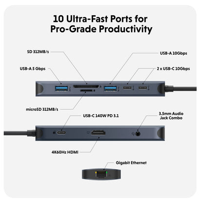 HYPER HD4005GL interface hub USB 3.2 Gen 1 (3.1 Gen 1) Type-C 10000 Mbit/s Blue, Grey