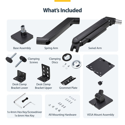 StarTech.com Monitor Desk Mount for up to 49in 32:9 Ultrawide Curved Screens, Mechanical Spring Arm, C-Clamp/Grommet, Tool-Less Adjustment, Max 44lb/20kg