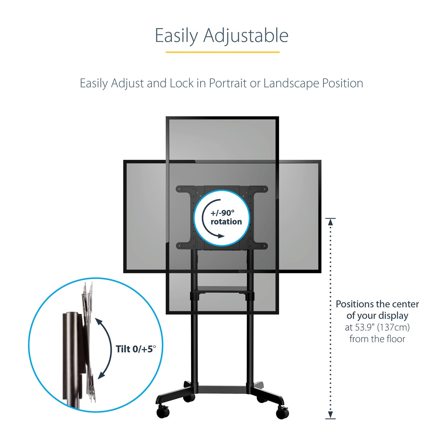 StarTech.com Mobile TV Cart - Portable Rolling TV Stand for 37-70" VESA Display (154lb/70kg) - TV Stand w/Shelf & Storage Compartment - Rotate/Tilt Display - Universal TV Mount on Wheels