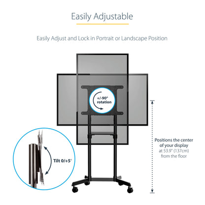 StarTech.com Mobile TV Cart - Portable Rolling TV Stand for 37-70" VESA Display (154lb/70kg) - TV Stand w/Shelf & Storage Compartment - Rotate/Tilt Display - Universal TV Mount on Wheels