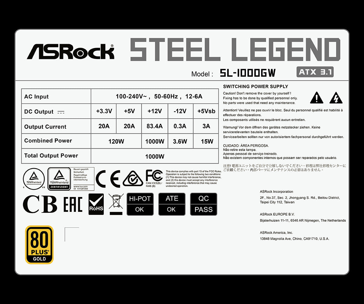 Asrock SL-1000GW power supply unit 1000 W 24-pin ATX ATX White