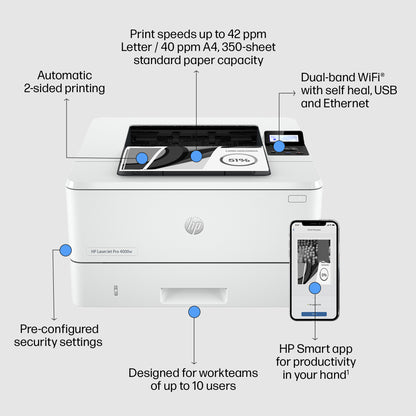 HP LaserJet Pro 4002dw Wireless Black and white Printer, Two-sided printing; Duplex