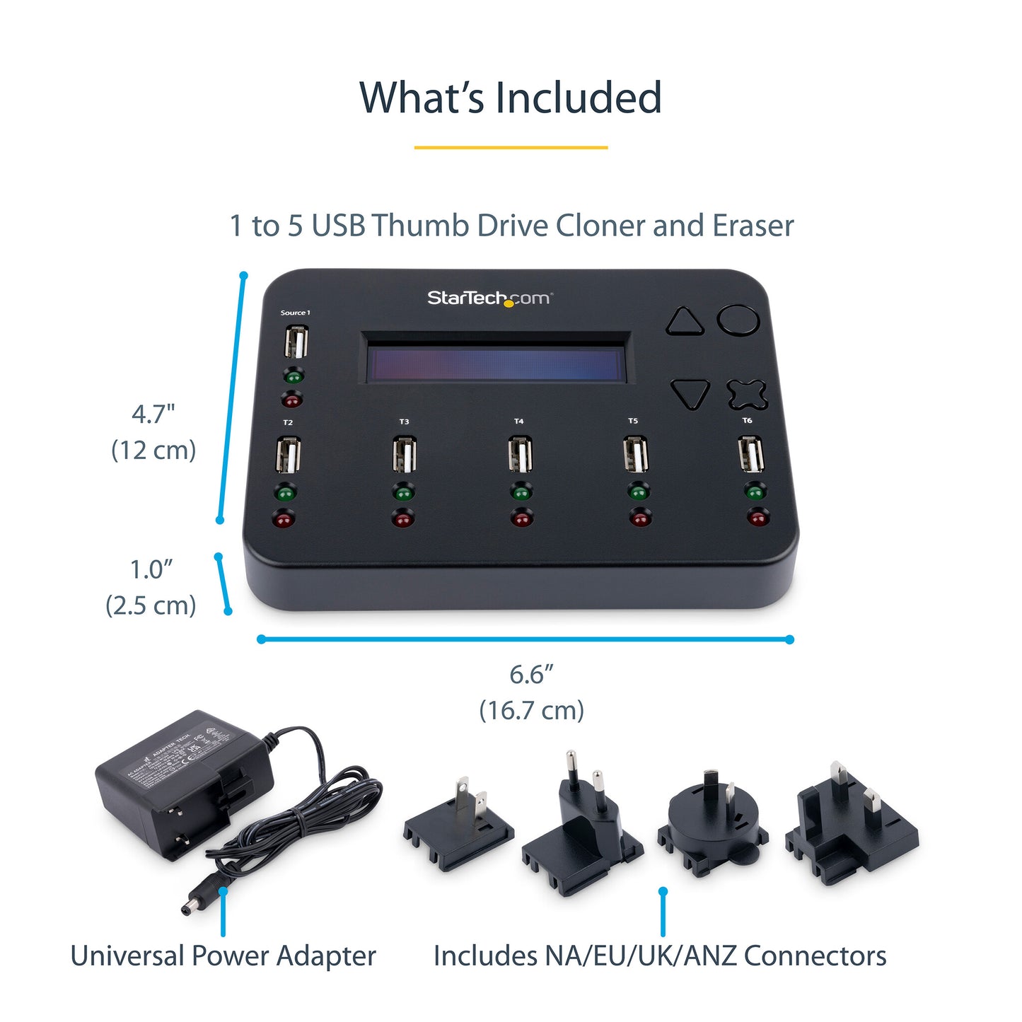 StarTech.com Standalone 1 to 5 USB Thumb Drive Duplicator and Eraser, Multiple USB Flash Drive Copier, System and File and Whole-Drive Copy at1.5 GB/min, Single and 3-Pass Erase, LCD Display - TAA