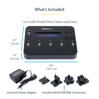 StarTech.com Standalone 1 to 5 USB Thumb Drive Duplicator and Eraser, Multiple USB Flash Drive Copier, System and File and Whole-Drive Copy at1.5 GB/min, Single and 3-Pass Erase, LCD Display - TAA