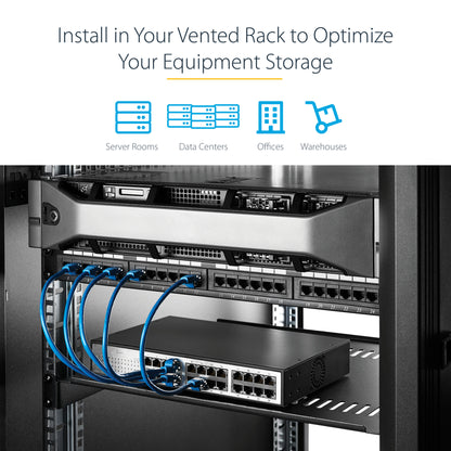 StarTech.com 2U Server Rack Shelf - Universal Vented Rack Mount Cantilever Tray for 19" Network Equipment Rack & Cabinet - Heavy Duty Steel - Weight Capacity 50lb/23kg - 16" Deep Shelf, Black
