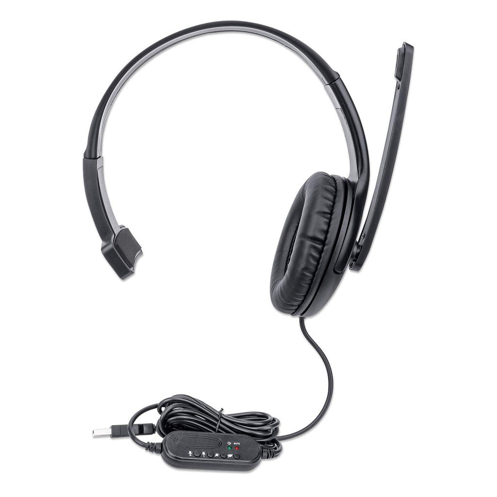 Manhattan Mono Over-Ear Headset (USB), Microphone Boom (padded), Retail Box Packaging, Adjustable Headband, In-Line Volume Control, Ear Cushion, USB-A for both sound and mic use, cable 1.5m, Three Year Warranty