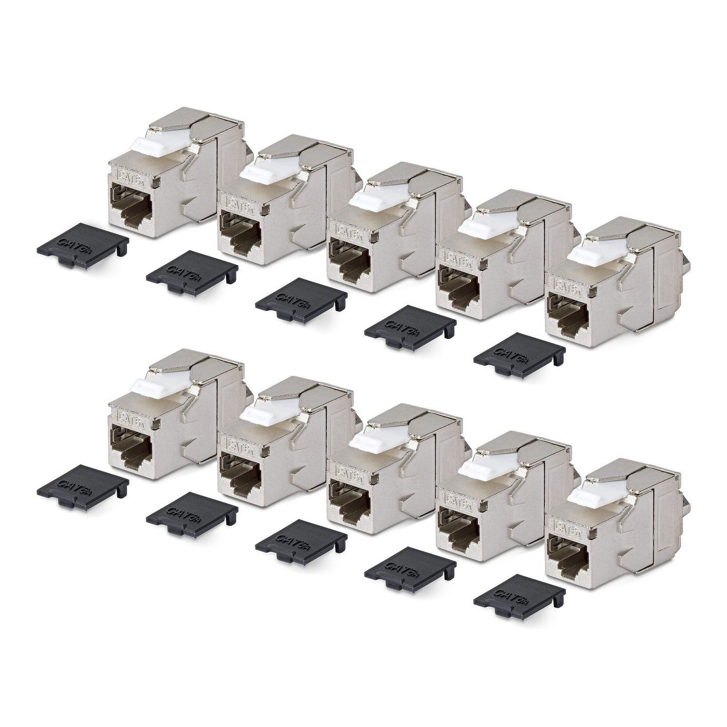 StarTech.com Shielded Cat6a Keystone Jack, 10-Pack RJ45 Ethernet Keystone Jacks, STP Cat6a Wall Jack, 180-Degree Toolless