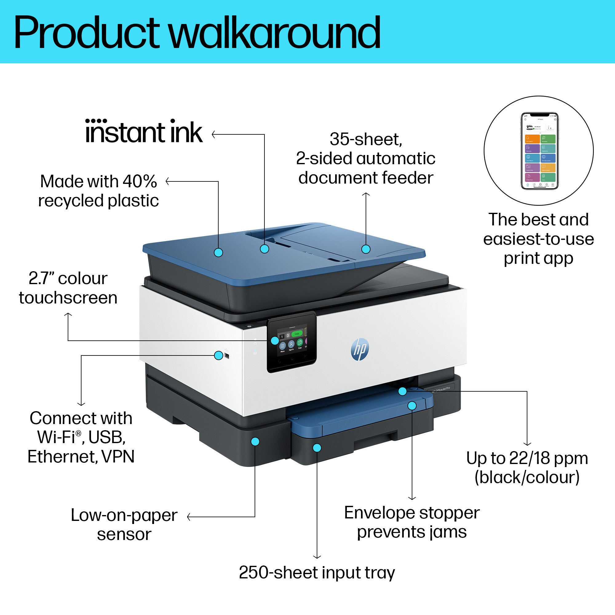 HP OfficeJet Pro 9125e Wireless All-in-One Color Printer, Instant Ink; Two-sided printing