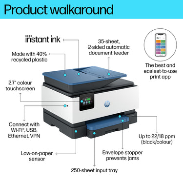 HP OfficeJet Pro 9125e Wireless All-in-One Color Printer, Instant Ink; Two-sided printing