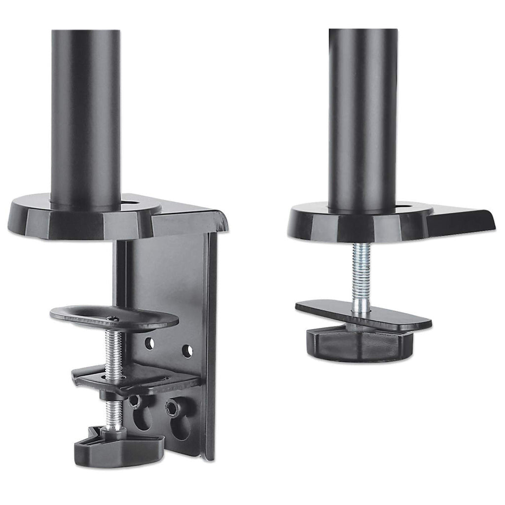 Manhattan TV & Monitor Mount, Desk, Full Motion (Gas Spring), 2 screens, Screen Sizes: 10-27", Black, Clamp or Grommet Assembly, Dual Screen, VESA 75x75 to 100x100mm, Max 8kg (each), Lifetime Warranty