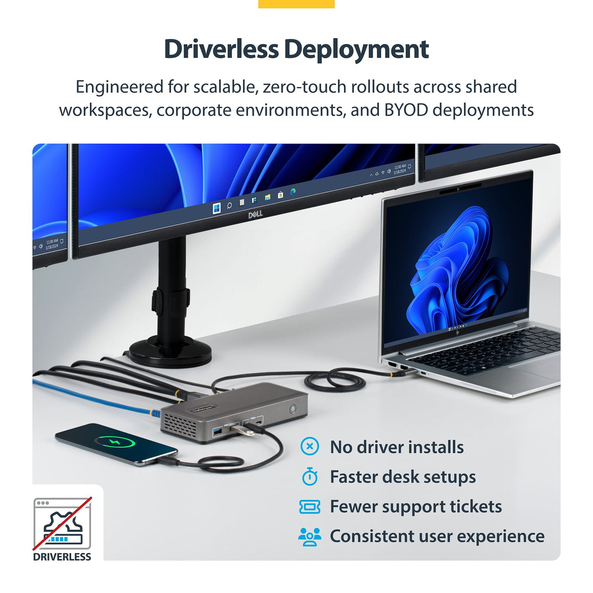 StarTech.com USB-C Docking Station Triple 4K Displays (2x 4K 60Hz, 1x 4K 30Hz), 100W Power Delivery, 6 USB Ports (10Gbps), Gigabit Ethernet, DisplayPort + HDMI, Driverless Windows Laptop Dock