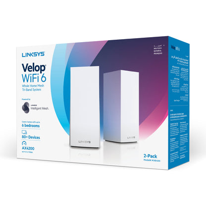 Linksys Velop Whole Home Intelligent Mesh WiFi 6 (AX4200) System, Tri-Band, 2-pack