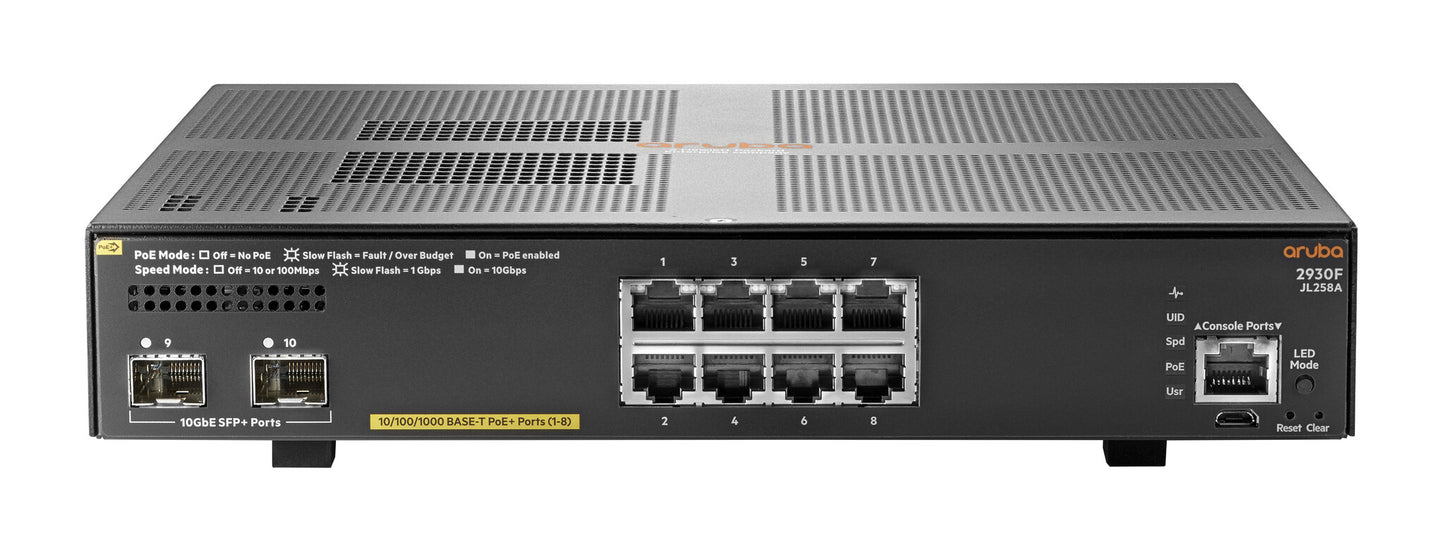HPE Aruba Networking Aruba 2930F 8G PoE+ 2SFP+ Managed L3 Gigabit Ethernet (10/100/1000) Power over Ethernet (PoE) 1U Grey