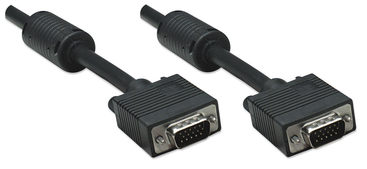 Manhattan VGA Monitor Cable with Ferrite Cores, 1.8m, HD15 Male to Male, Higher SVGA Specification, Fully Compatible with VGA, Ferrite Cores Help Reduce EMI Interference, Fully Shielded, Black, Lifetime Warranty, Comparable to MXT101MMHQ