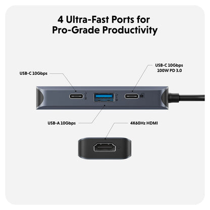 HYPER HD4001GL interface hub USB 3.2 Gen 1 (3.1 Gen 1) Type-C 10000 Mbit/s Blue, Grey