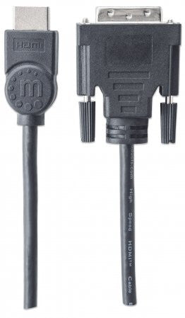 Manhattan HDMI to DVI-D 24+1 Cable, 2m, Black, Lifetime Warranty, Equivalent to HDDVIMM2M